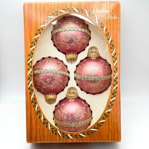 Christmas By Krebs Glass Ornament Set Of 4 Pink Matte Glitter Rhinestone Box Vtg